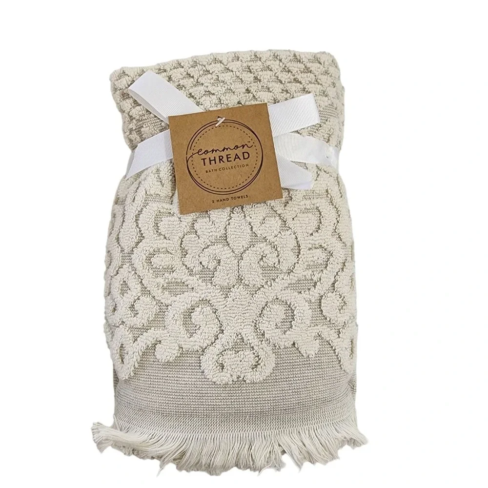 Common Thread 4pc Plush Damask Cotton Towel Set Beige And Tan 2 Bath And 2 Hand